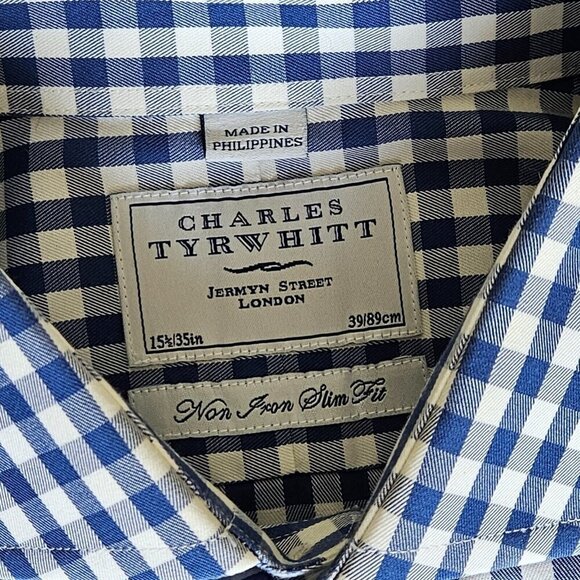 Charles Tyrwhitt Shirt Mens 15.5 Plaid Non Iron Slim Fit French Cuff LS Buttons - Picture 3 of 15